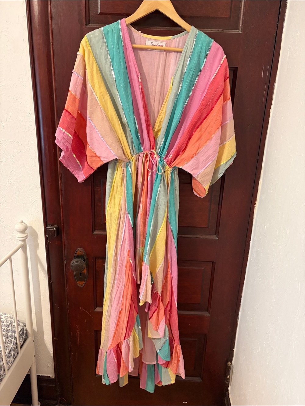 Boho Multicolor Striped Midi Dress with Tie Waist